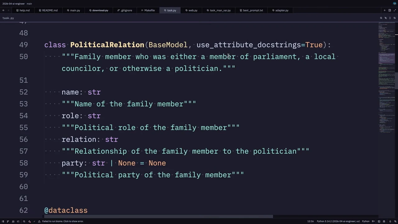 Python PoliticalRelation model with documented name, role, relation, and optional party fields.