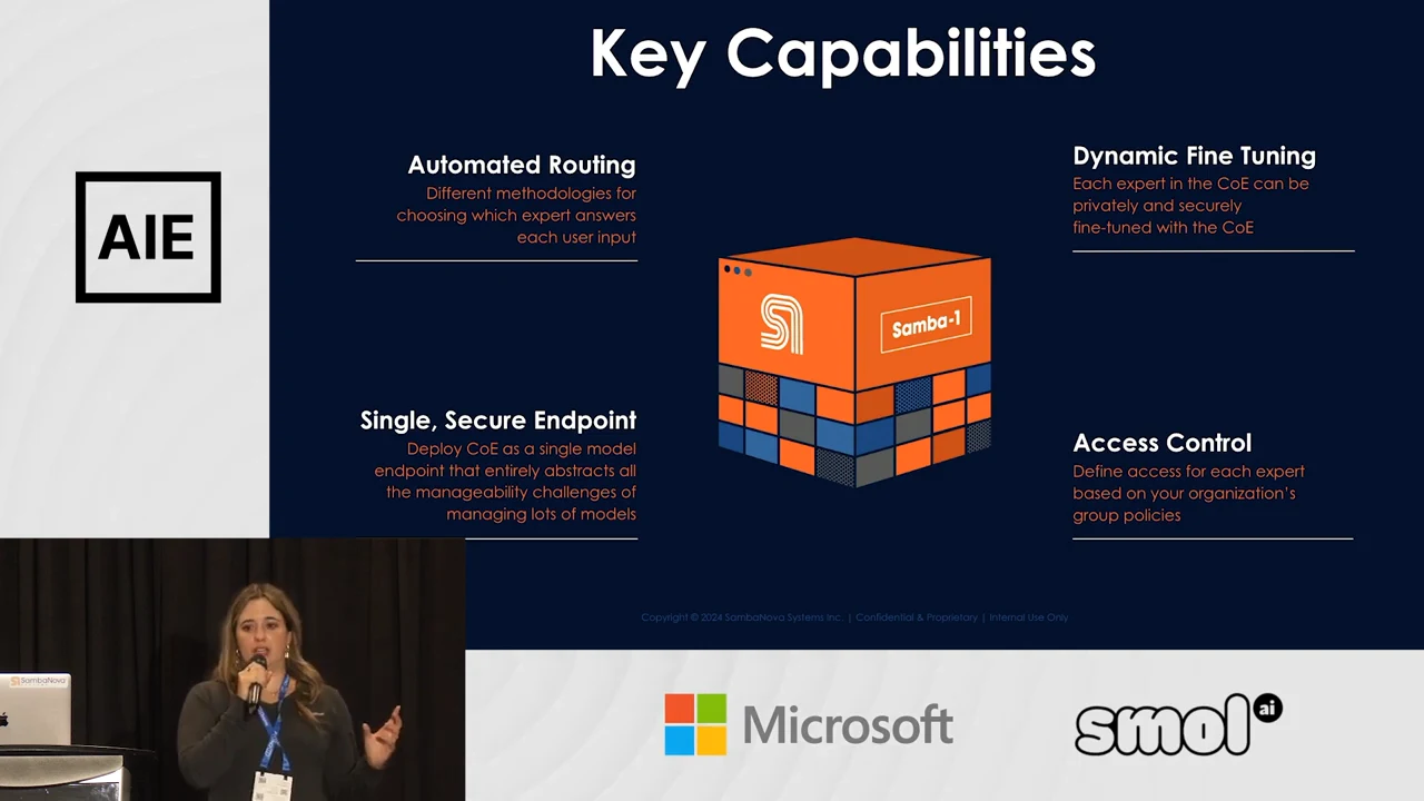 Key Capabilities slide with a Samba-1 cube surrounded by Automated Routing, Dynamic Fine Tuning, Single, Secure Endpoint, and Access Control.