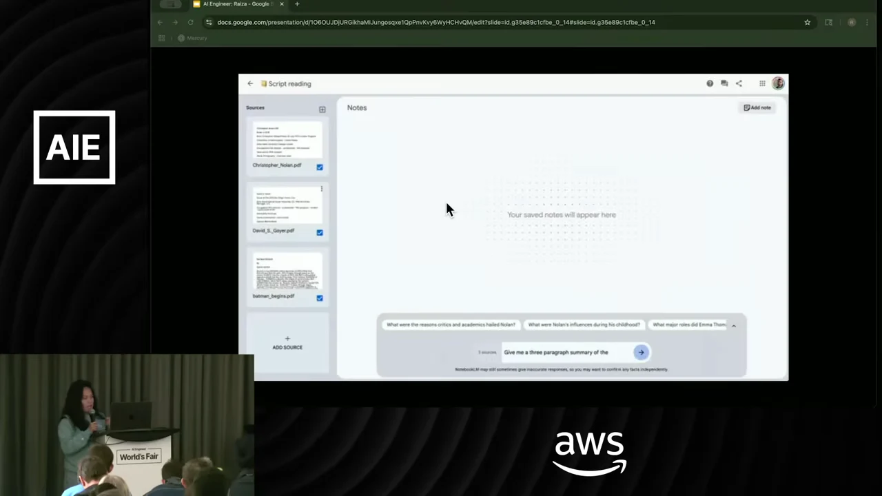Notebook interface showing three source cards on the left, an empty Notes pane, and a partially entered summary request at the bottom.