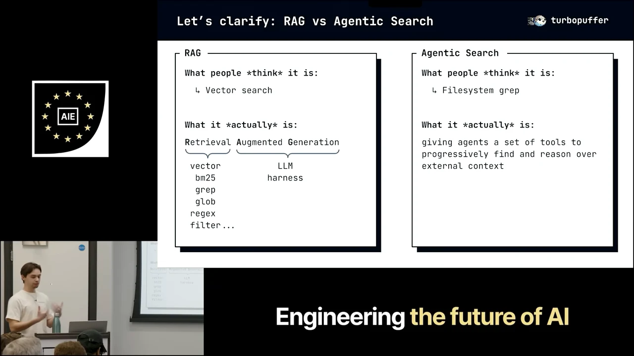 Two panels contrast vector search with retrieval methods including BM25, grep, glob, regex and filters, and filesystem grep with tools that progressively find and reason over external context.
