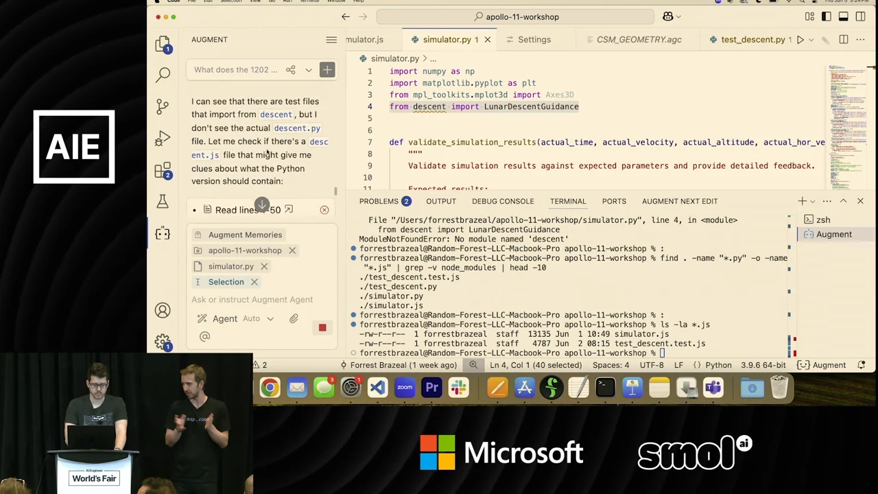 An editor shows simulator.py, a terminal traceback reporting no module named descent, repository file listings, and an agent message noting tests but no actual descent.py file.