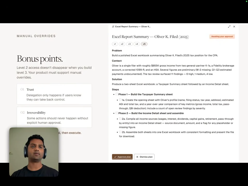 Manual overrides slide with Trust and Irreversibility cards beside an Excel report plan marked Awaiting your approval, with Approve plan and Dismiss plan buttons.
