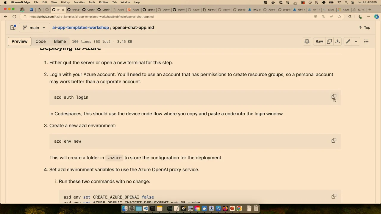 GitHub deployment guide showing azd auth login, device-code flow instructions, and azd env new.