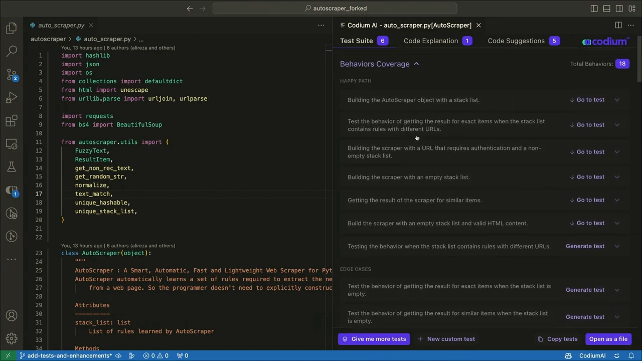 VS Code shows AutoScraper Python code beside CodiumAI’s Behaviors Coverage panel, with Happy Path and Edge Cases sections and Go to test or Generate test controls.