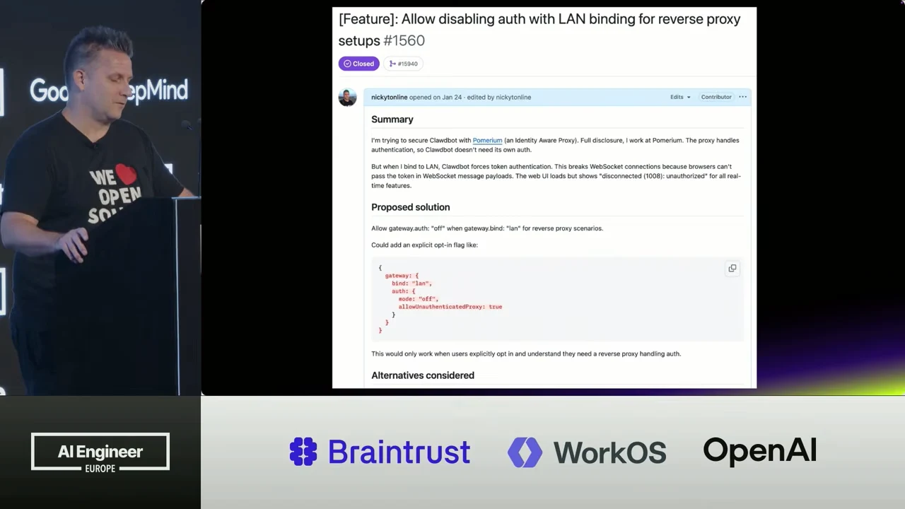 GitHub issue titled “Allow disabling auth with LAN binding for reverse proxy setups,” showing a summary and proposed solution beside the speaker.