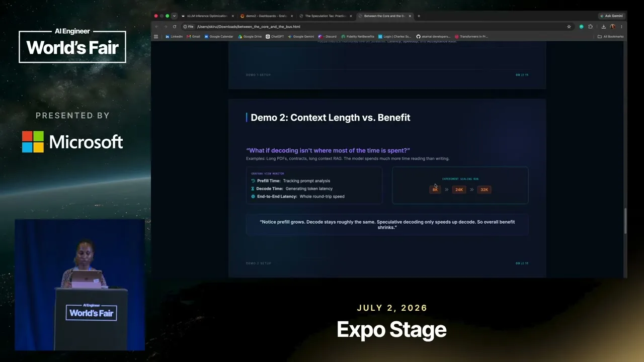 Selected presentation frame from Is Speculative Decoding Worth It? Profiling vLLM on NVIDIA Blackwell — Akamai at 672 seconds