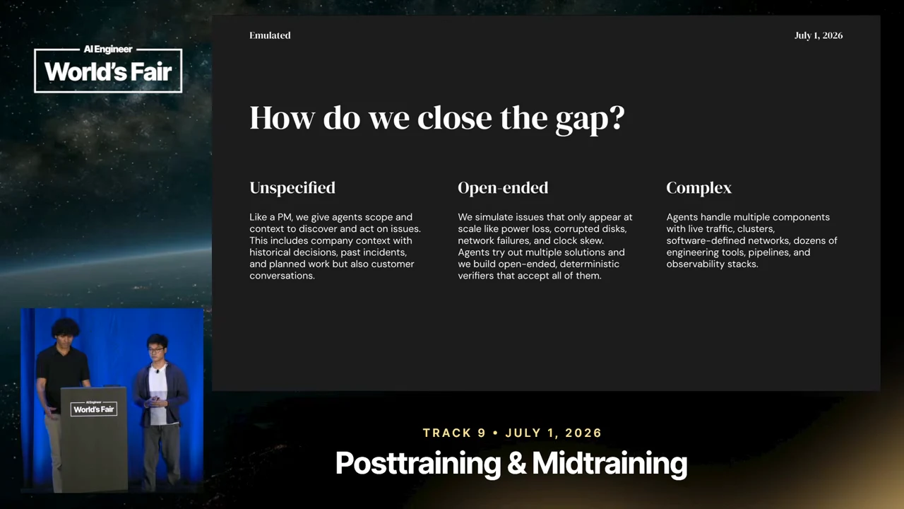 Dark slide with three text columns headed Unspecified, Open-ended, and Complex beneath “How do we close the gap?”