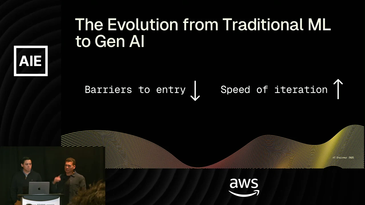 Slide titled “The Evolution from Traditional ML to Gen AI,” with a downward arrow beside “Barriers to entry” and an upward arrow beside “Speed of iteration.”