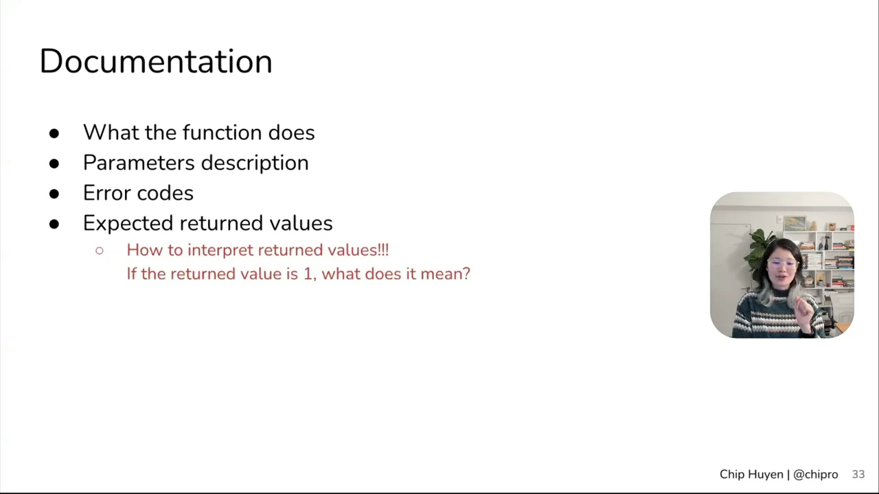 Documentation slide lists function behavior, parameter descriptions, error codes, and expected returned values. Red text asks how to interpret returned values and what a returned value of 1 means.