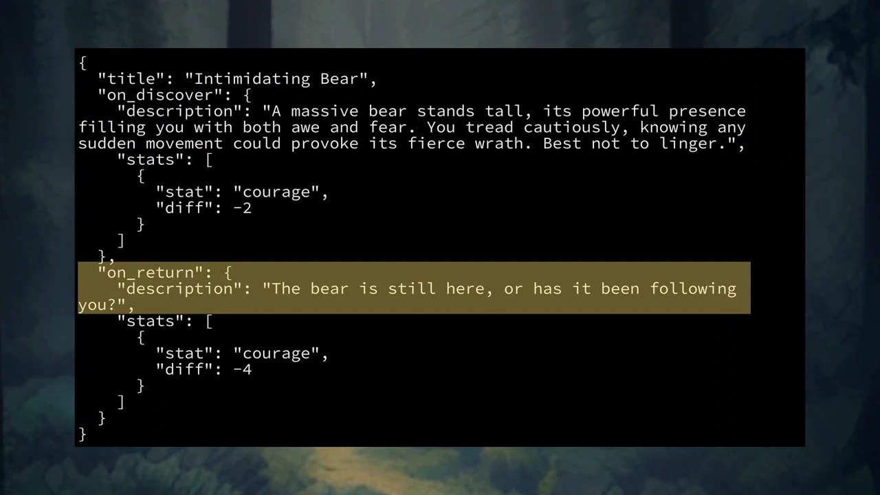 JSON for Intimidating Bear shows discovery and return descriptions with courage changes; the return description is highlighted.