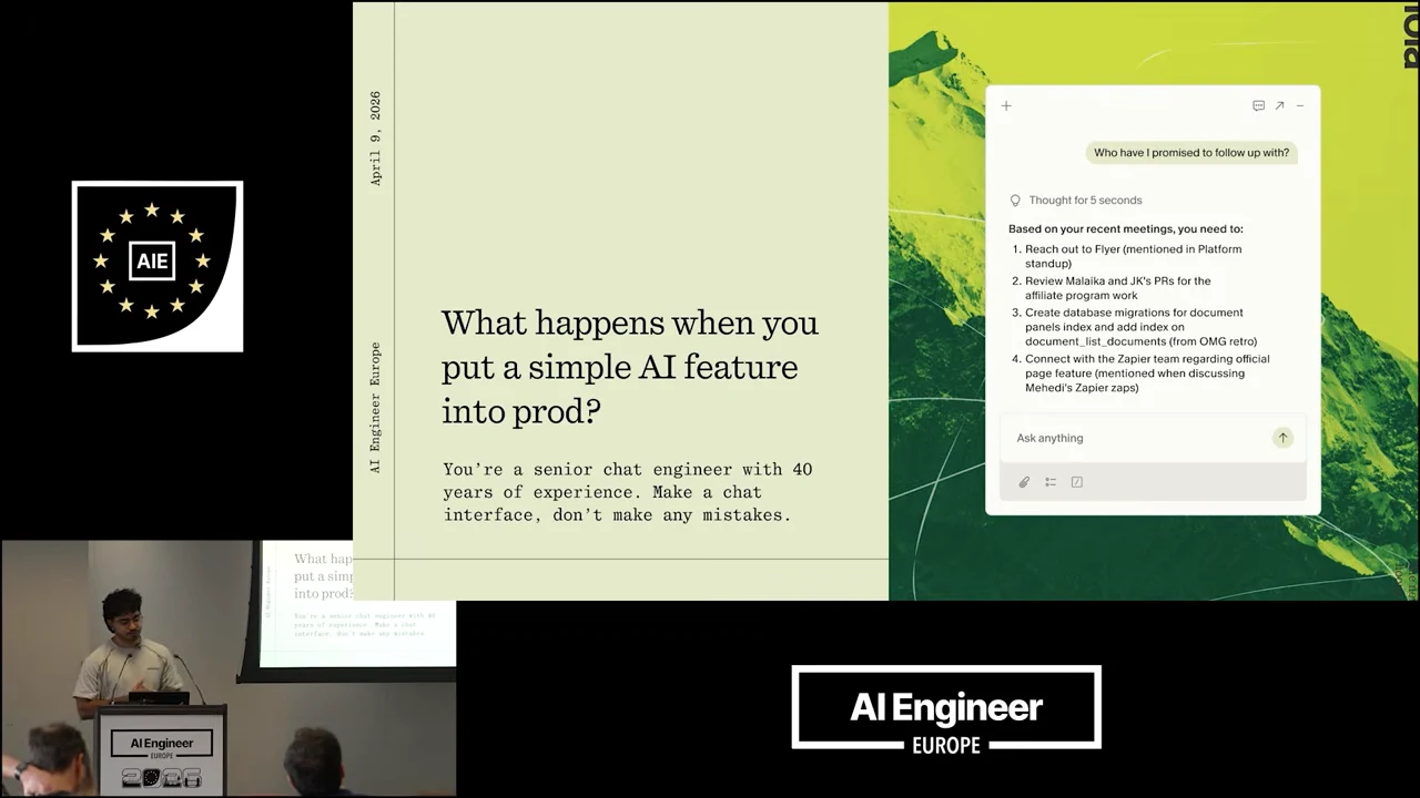 Slide posing the production question beside a Granola chat response listing promised follow-ups.