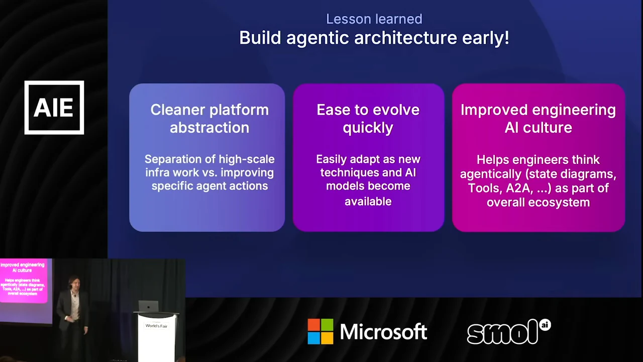 Slide titled “Build agentic architecture early!” has three panels: cleaner platform abstraction, ease to evolve quickly, and improved engineering AI culture.