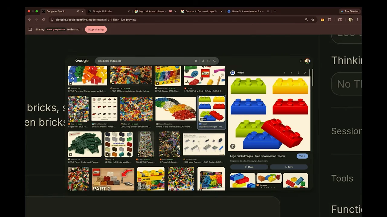 Shared-screen preview showing Google image results for Lego bricks, with a larger red, yellow, blue and green brick image on the right.