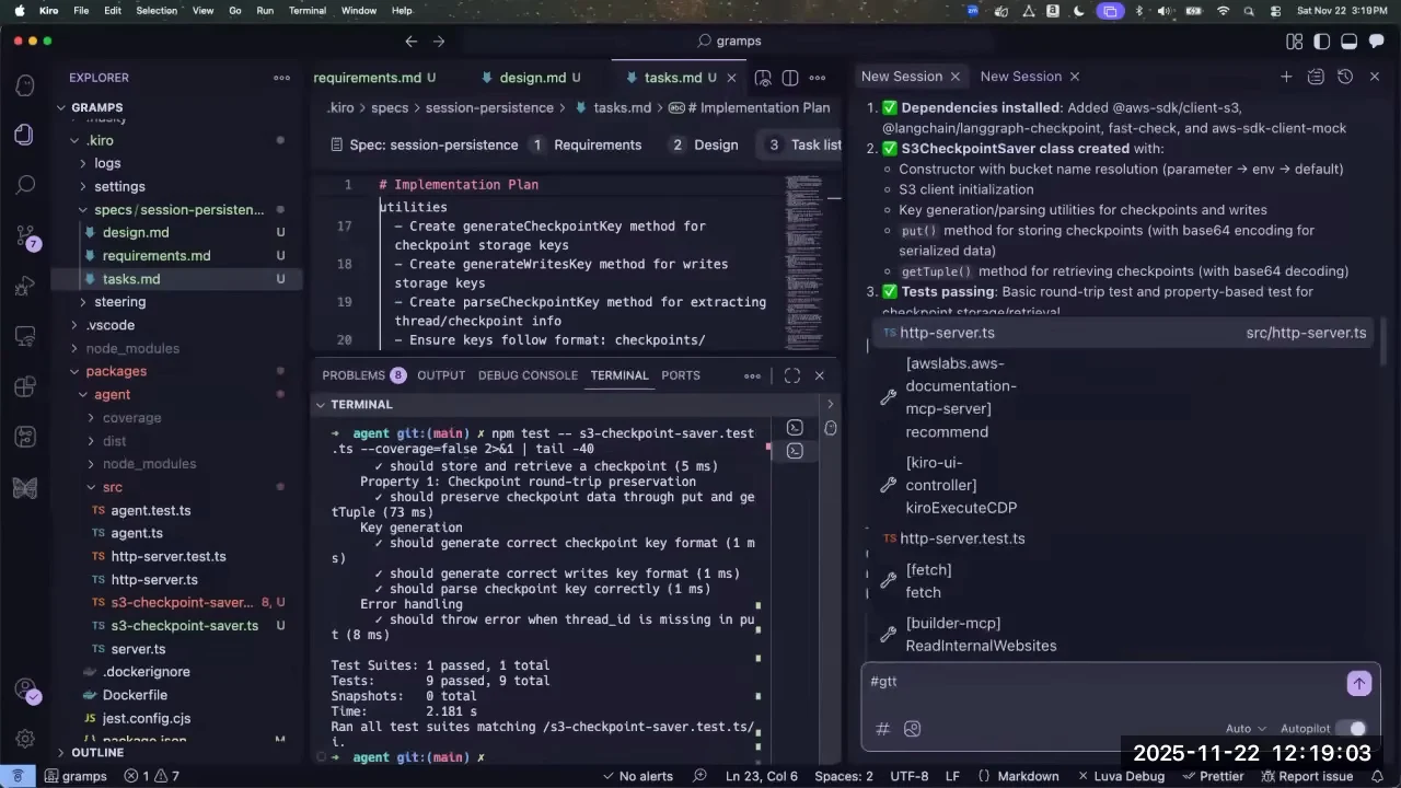 An open picker above the chat input lists http-server.ts and tool entries, while the implementation plan and test output remain visible on the left.