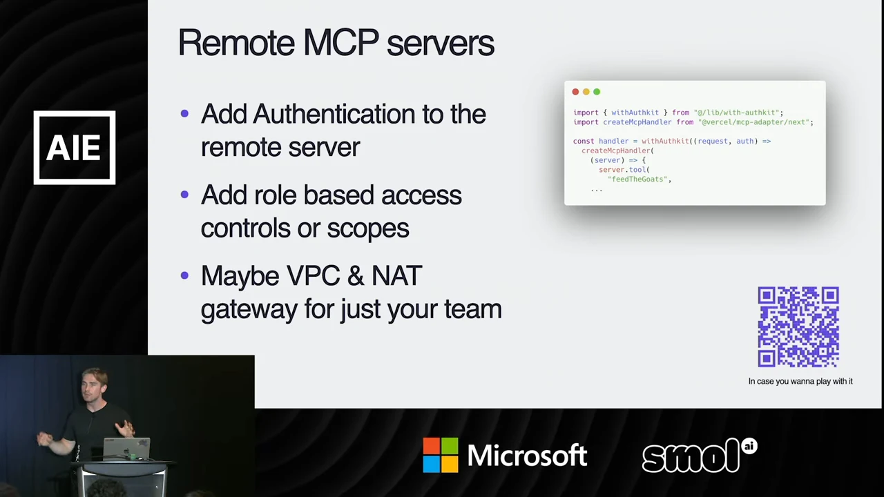Slide lists authentication, role based access controls or scopes, and a possible VPC and NAT gateway, alongside a code example and QR code.