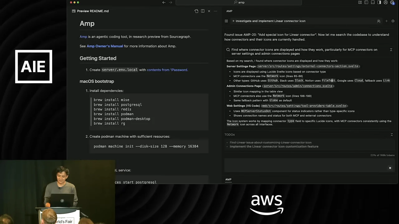 Amp beside a README preview, with an expanded search result listing connector display locations and findings.