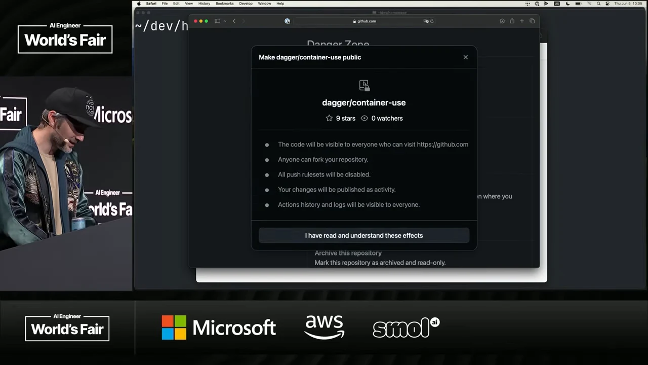 A GitHub dialog titled “Make dagger/container-use public” lists visibility consequences and an acknowledgment button.