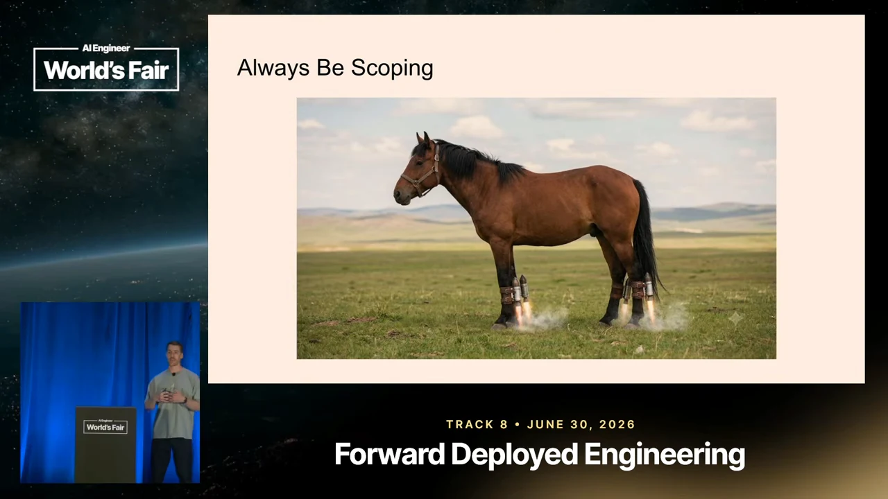 Slide titled “Always Be Scoping” showing a brown horse in a field with rockets and exhaust at its legs.