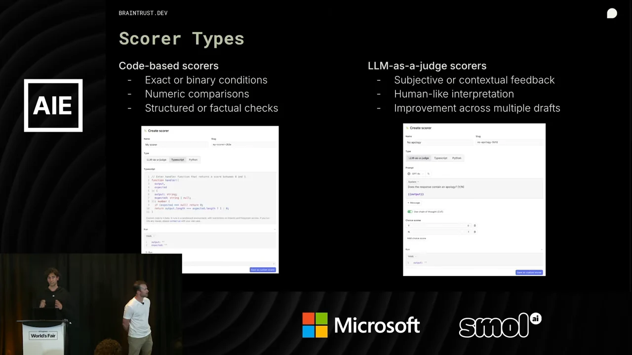 Scorer Types slide compares exact conditions, numeric comparisons, and factual checks with subjective feedback, human-like interpretation, and improvement across drafts; two configuration screenshots appear below.