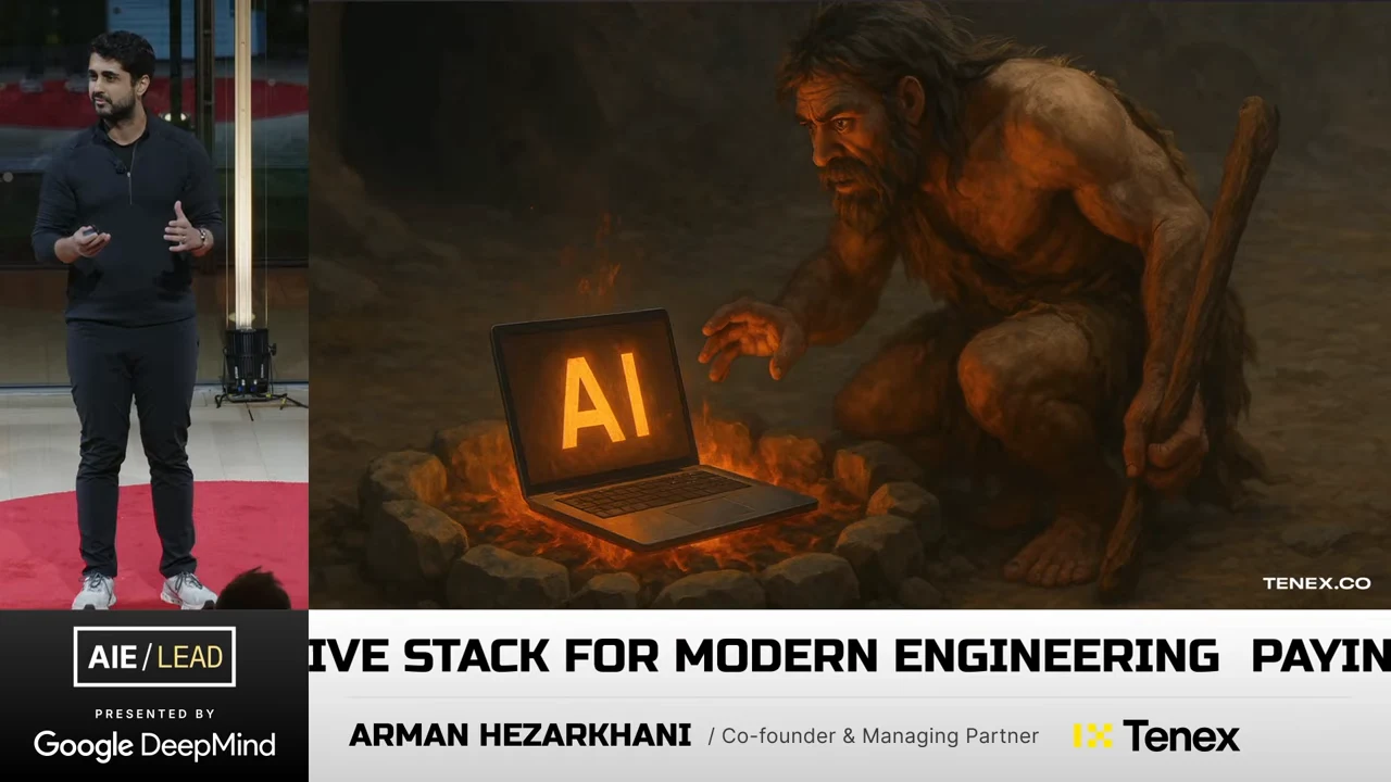 Illustration of a crouching caveman holding a club beside a glowing laptop displaying AI, with the presenter at left.