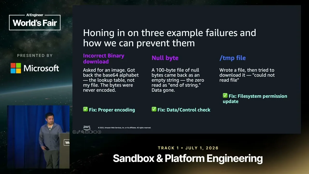 The slide names three concrete failures and the proposed fixes: binary encoding, null-byte data/control checking, and filesystem permissions for a /tmp file.
