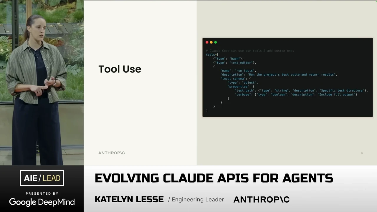 Tool Use slide with a code example listing bash, a text editor, and a run_tests tool with a description and input schema.