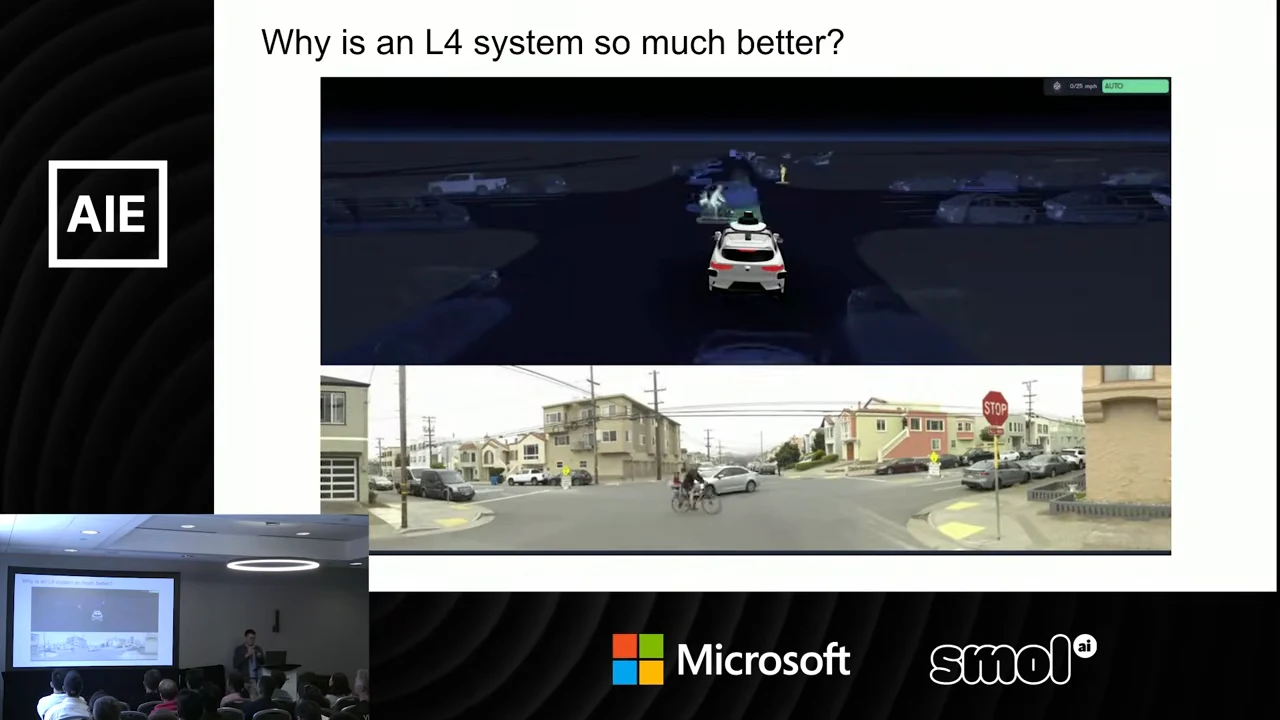 Slide titled “Why is an L4 system so much better?” with a vehicle visualization above street footage showing a cyclist and a stop sign.