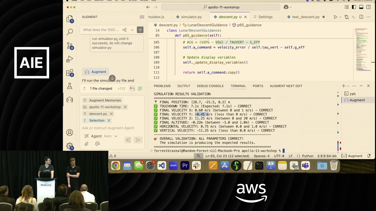 An editor displays descent.py above terminal validation results with green checks and “OVERALL VALIDATION: ALL PARAMETERS CORRECT!” The agent panel includes an instruction to run simulator.py until it succeeds without changing that file.