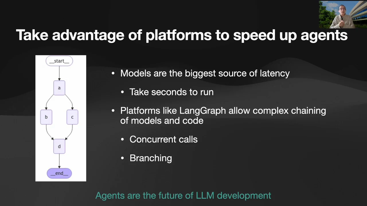 A flow diagram runs from start through a, splits into b and c, rejoins at d, and ends. Bullets discuss model latency and LangGraph support for concurrent calls and branching.