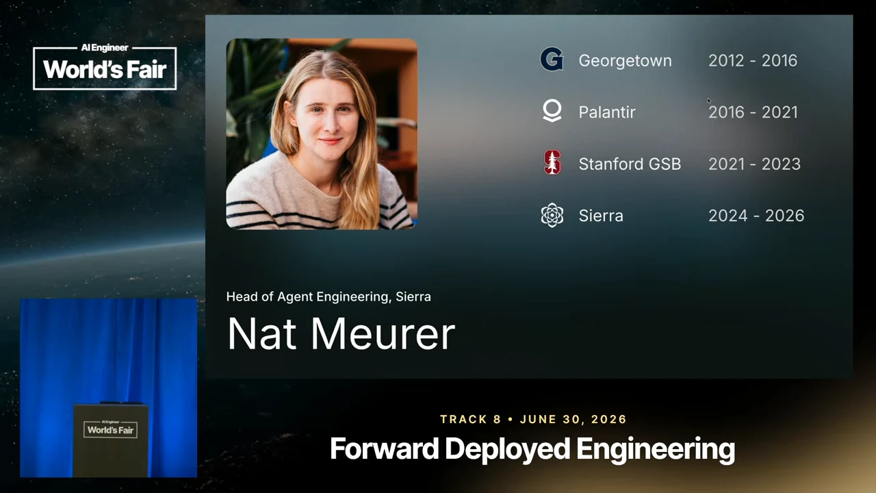 Introduction slide with Nat Meurer’s portrait, Head of Agent Engineering at Sierra title, and four education and career entries with dates.