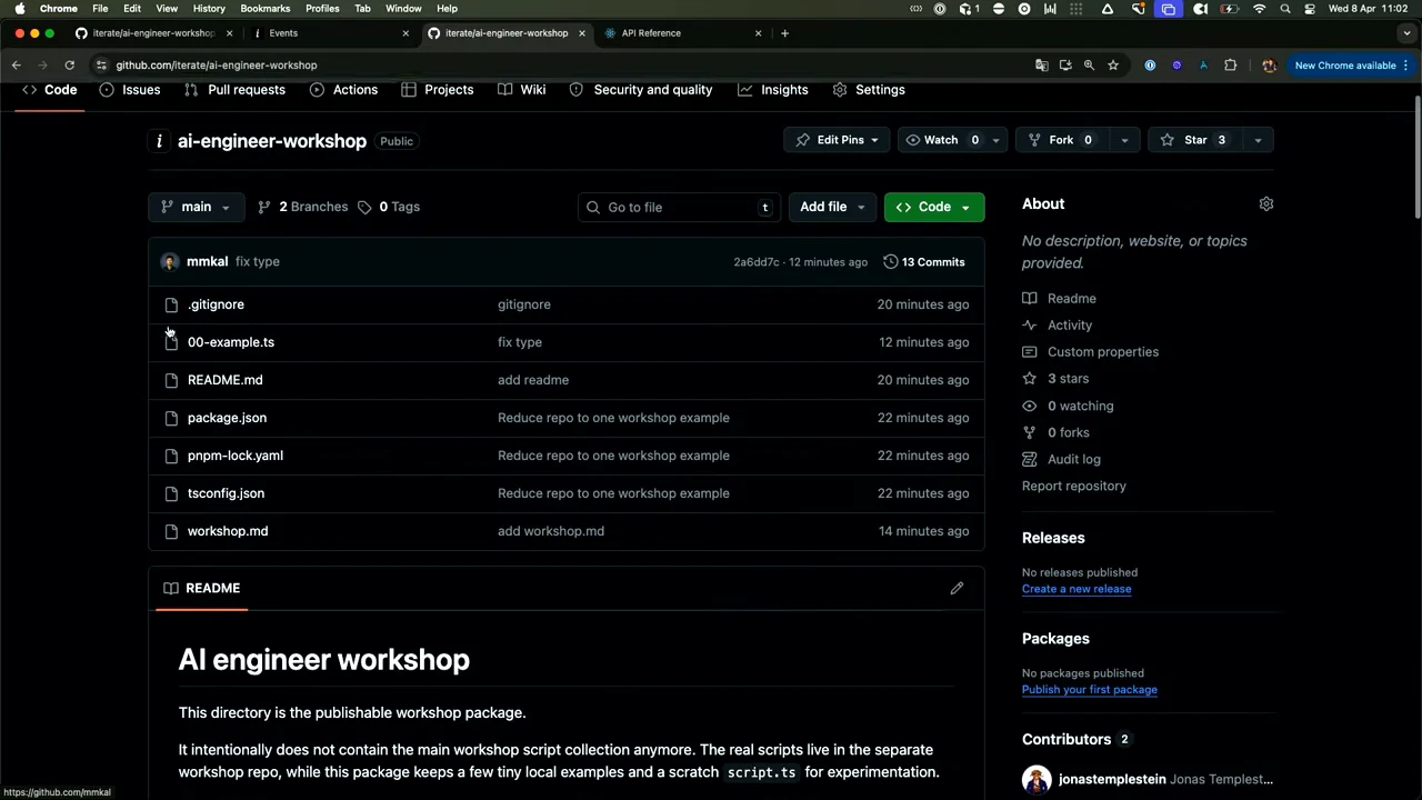 GitHub repository ai-engineer-workshop showing 00-example.ts, README.md, package.json, and workshop.md above the README.