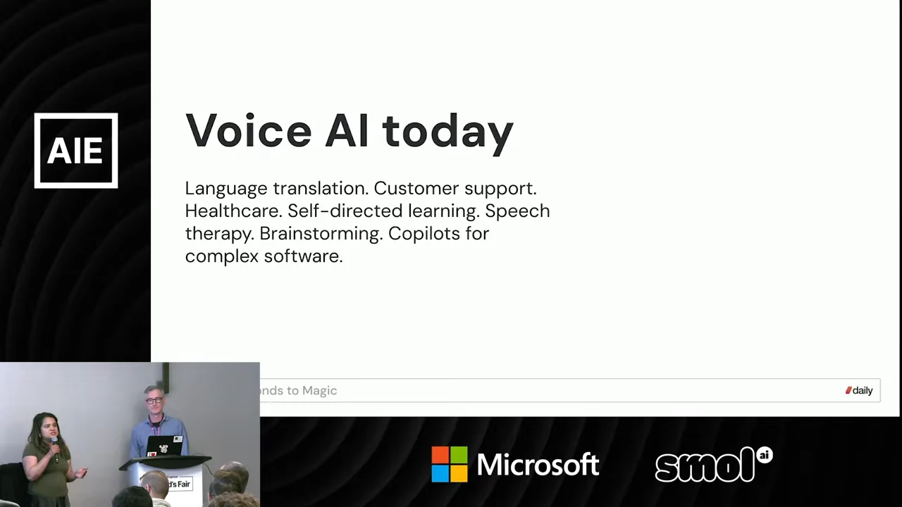 Slide titled “Voice AI today” listing applications, with the two presenters inset at bottom left.