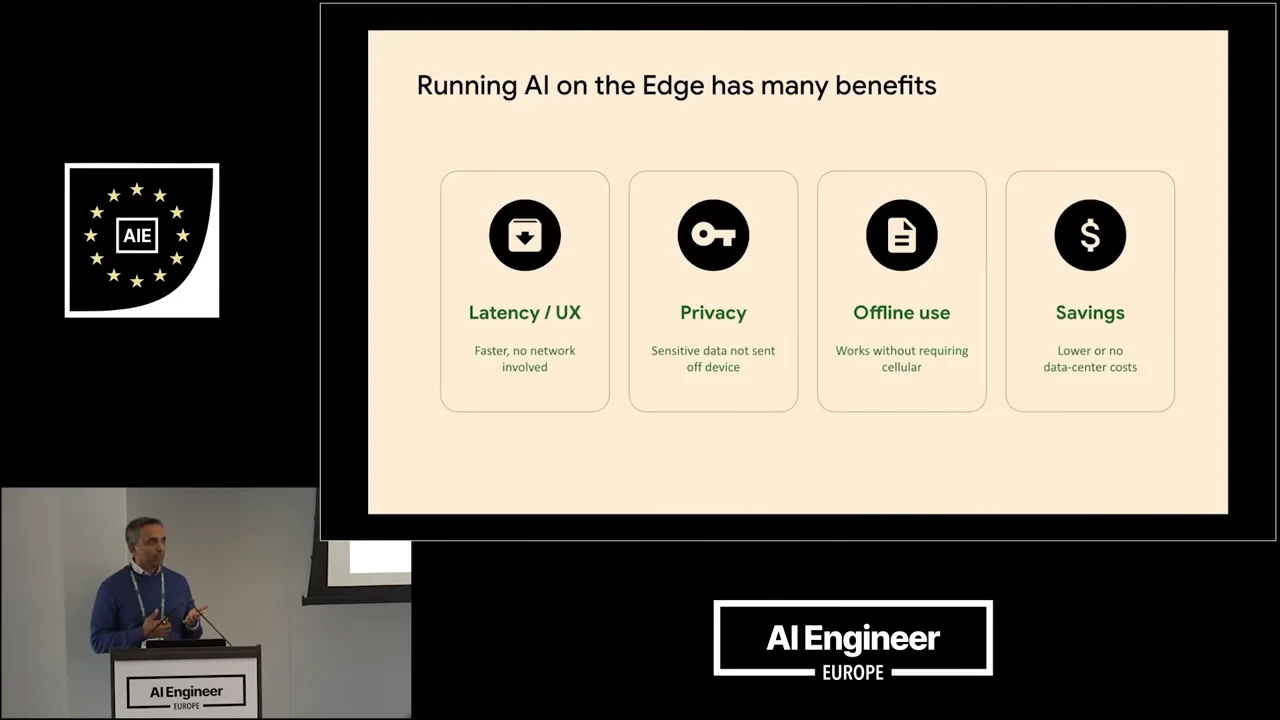 Slide with four icon cards labeled Latency / UX, Privacy, Offline use, and Savings.