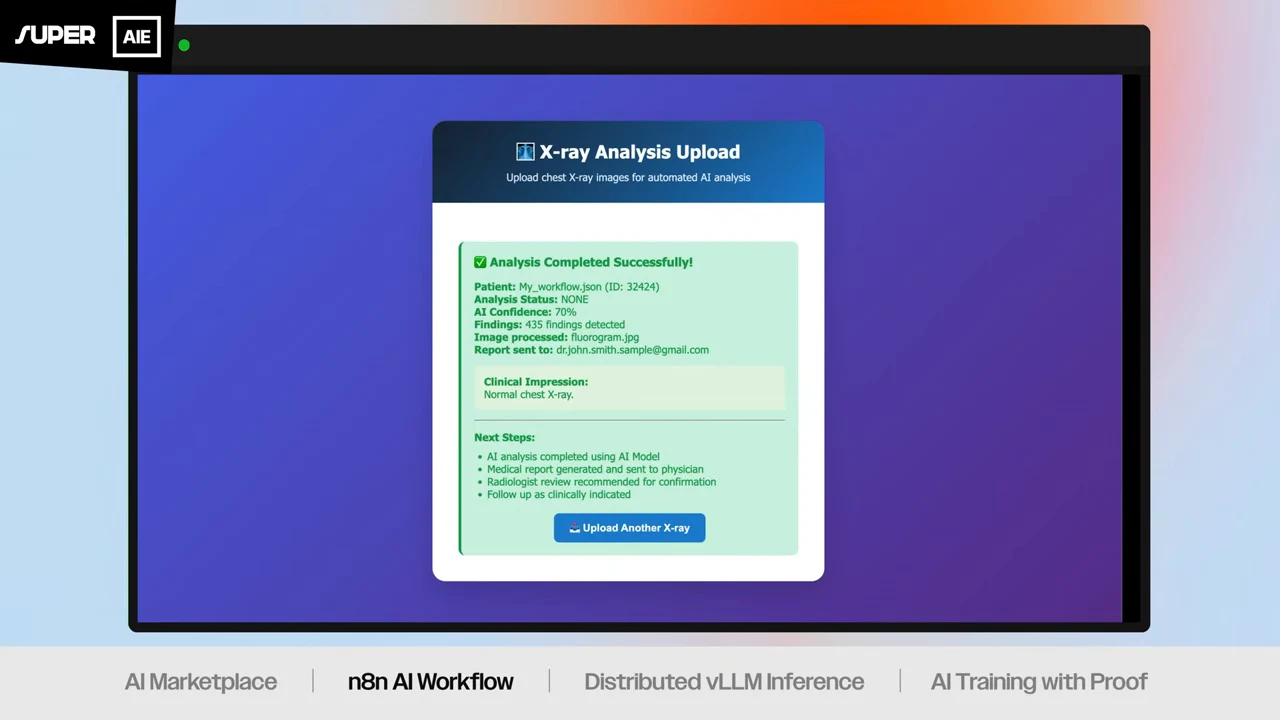 X-ray Analysis Upload page showing a green Analysis Completed Successfully panel, clinical impression, next steps, and Upload Another X-ray button.
