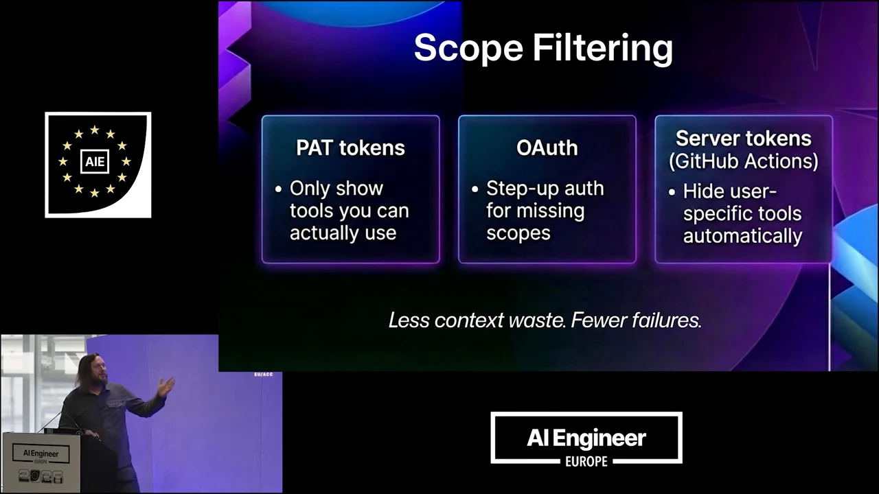 Scope Filtering slide with three columns: PAT tokens show usable tools, OAuth provides step-up auth for missing scopes, and server tokens hide user-specific tools. Footer reads “Less context waste. Fewer failures.”