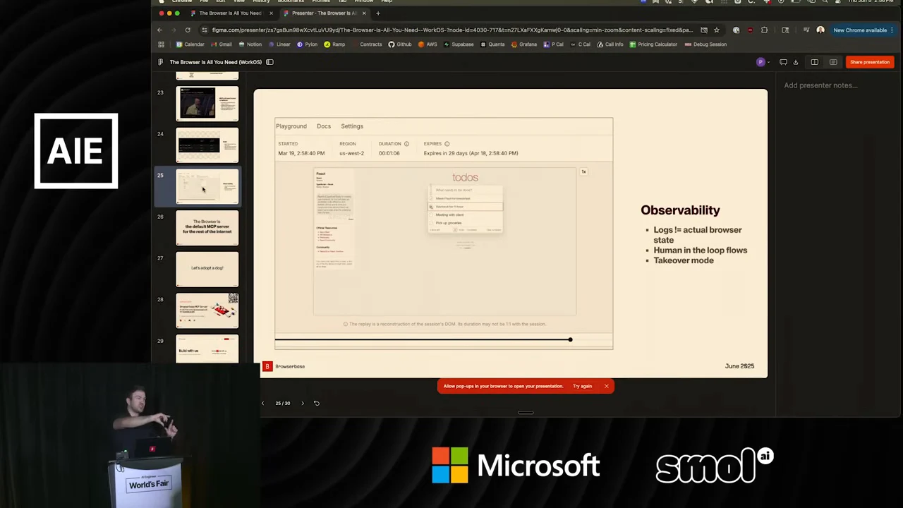 An Observability slide shows a browser recording interface with a playback bar and bullets for logs plus actual browser state, human-in-the-loop flows and takeover mode.