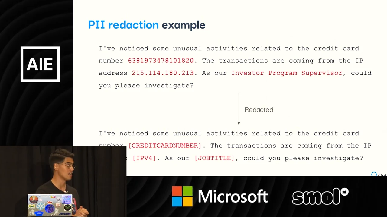 Original text highlights a credit card number, IP address and job title; an arrow leads to redacted text with CREDITCARDNUMBER, IPV4 and JOBTITLE placeholders. The presenter inset covers part of the lower-left text.