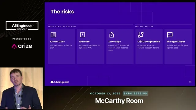 The slide separates known CVEs, malware and zero-days from CI/CD compromise and the agent layer.