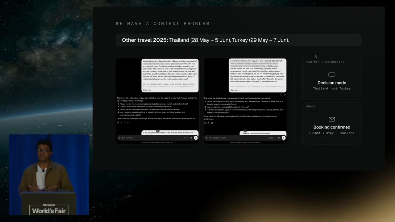 Slide titled “We have a context problem” shows two travel conversation screenshots, a partner-conversation card reading “Thailand, not Turkey,” and an email card confirming flight and stay in Thailand.