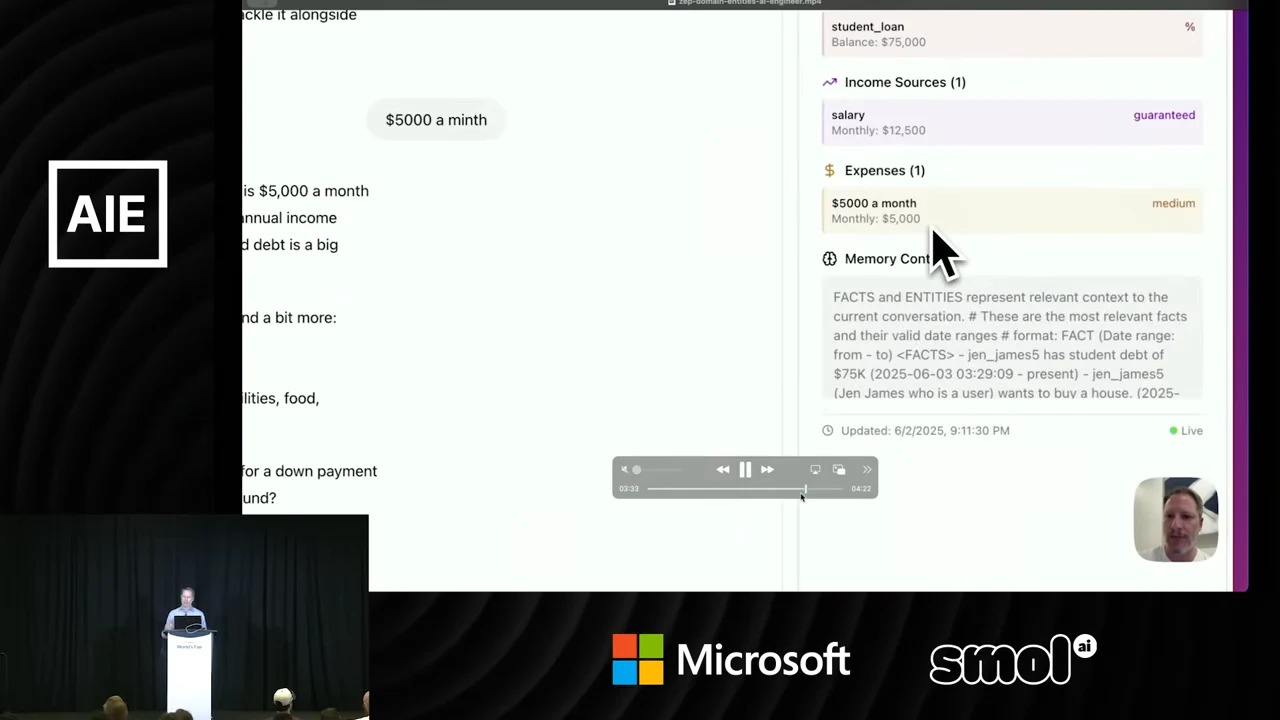 Finance chat displaying “$5000 a month” beside a memory panel with Income Sources and Expenses sections; the expense entry shows Monthly: $5,000.