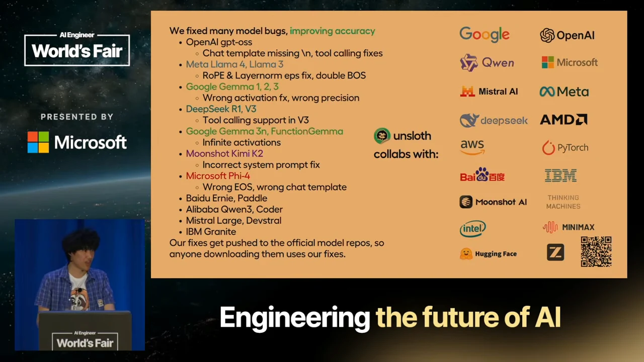 Slide listing model-specific bugs and fixes on the left, with collaborating organization logos on the right.