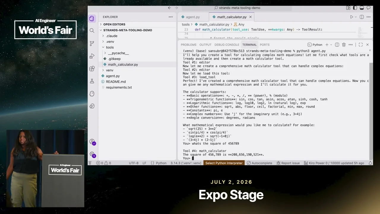 Selected presentation frame from Agents That Write Their Own Tools at Runtime — Sandhya Subramani, AWS at 212 seconds