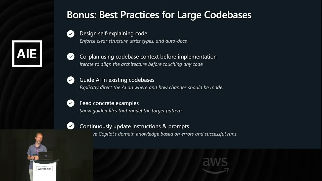 Slide lists self-explaining code, planning with codebase context, guiding AI, concrete examples, and continuously updated instructions and prompts.
