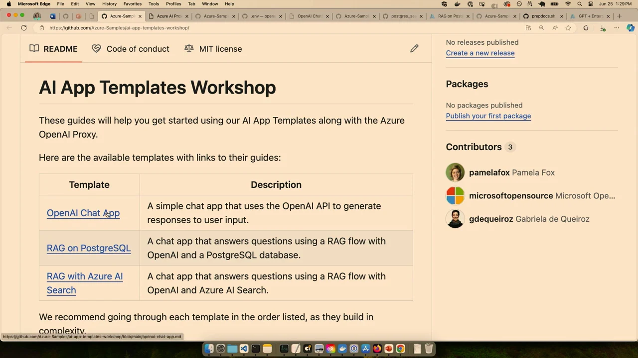 GitHub README table listing OpenAI Chat App, RAG on PostgreSQL and RAG with Azure AI Search, with descriptions.