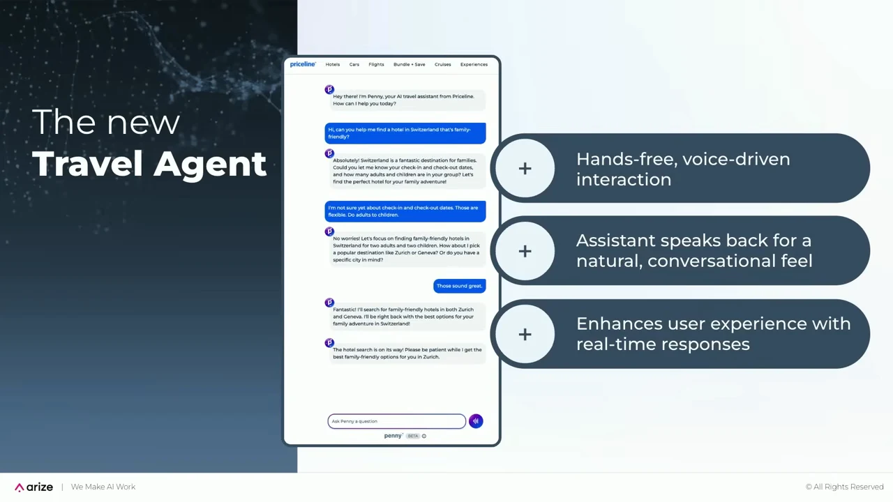 Slide titled “The new Travel Agent” with a Priceline chat screenshot and three callouts describing voice-driven interaction, conversational replies, and real-time responses.