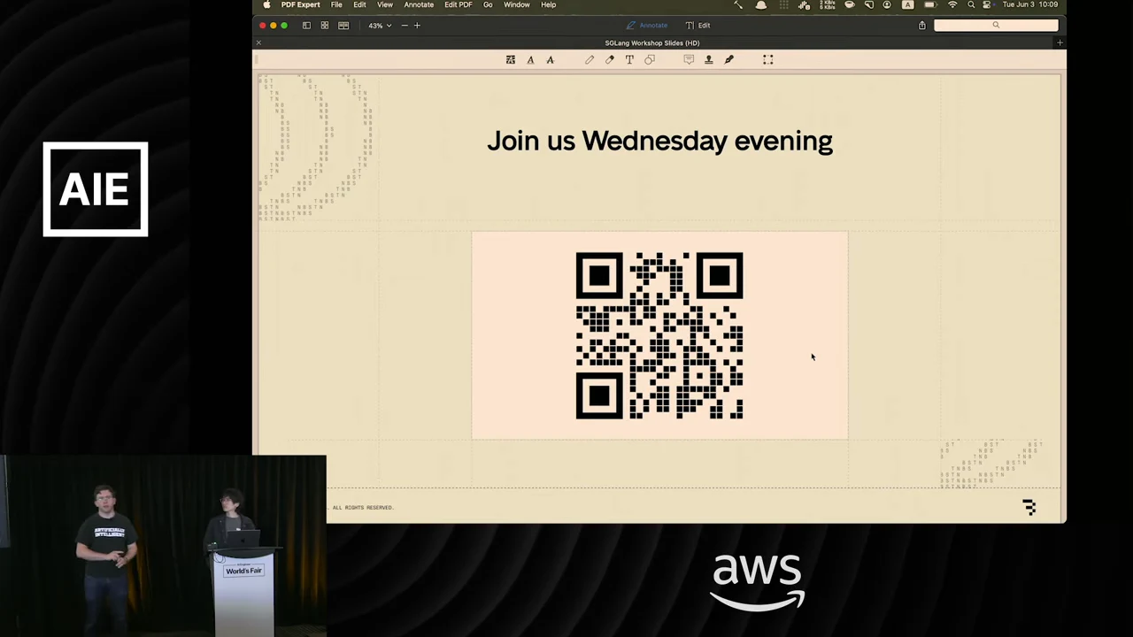 Slide reading “Join us Wednesday evening” above a large QR code, with the presenters inset at lower left.