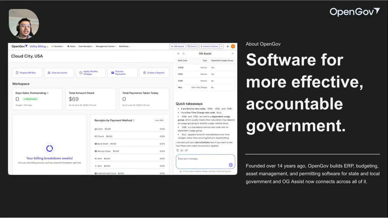 OpenGov utility billing interface with an OG Assist sidebar showing a rate-code table and Quick takeaways, beside the heading Software for more effective, accountable government.
