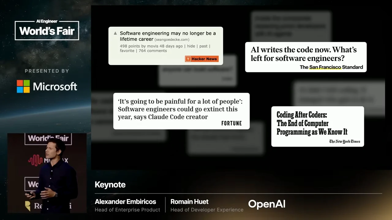 Four prominent headline clippings discuss AI coding and the future of software engineers, with a speaker inset at lower left.