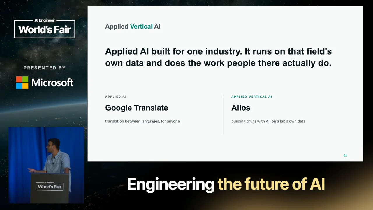 Slide defining applied vertical AI as AI built for one industry, with Google Translate and Allos examples side by side.
