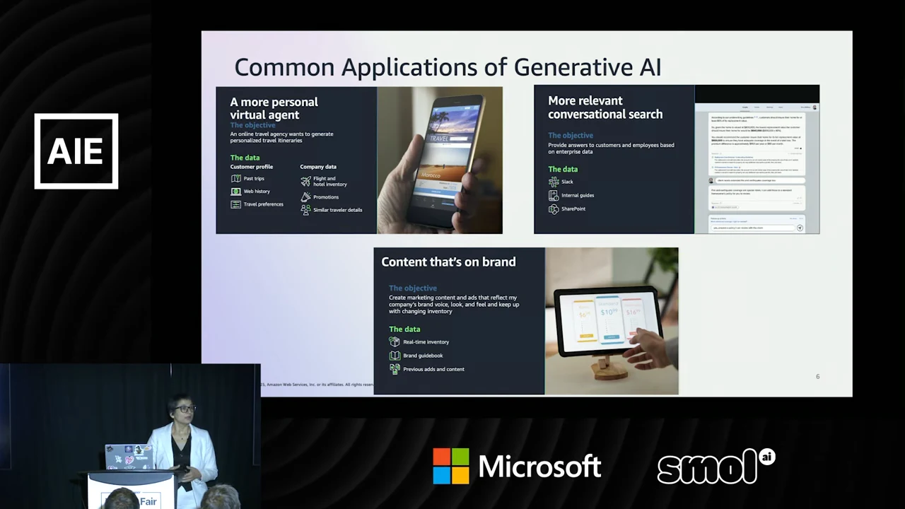 Slide with three panels titled A more personal virtual agent, More relevant conversational search, and Content that’s on brand, alongside phone, chat, and tablet images.